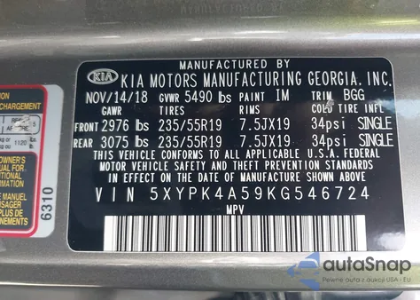 2019 Kia Sorento 3.3L Sx из США, поврежденный, VIN 5XYPK4A59KG546724